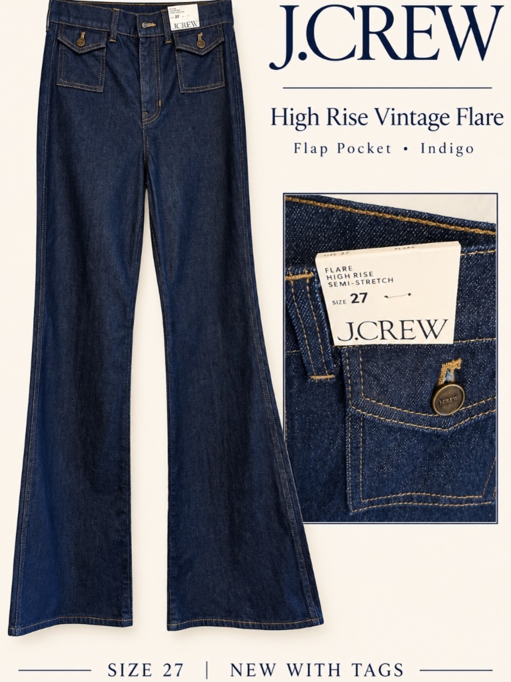 NWT J.Crew Vintage Flare Jeans with Flap Pockets Rinse Wash High Rise Size 27